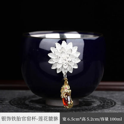 Enameled Cast Iron Official Kiln Silver Gilded Kung Fu Tea Cup Silver Plated Master Cup Handmade Porcelain Tea Tasting Cup Sil