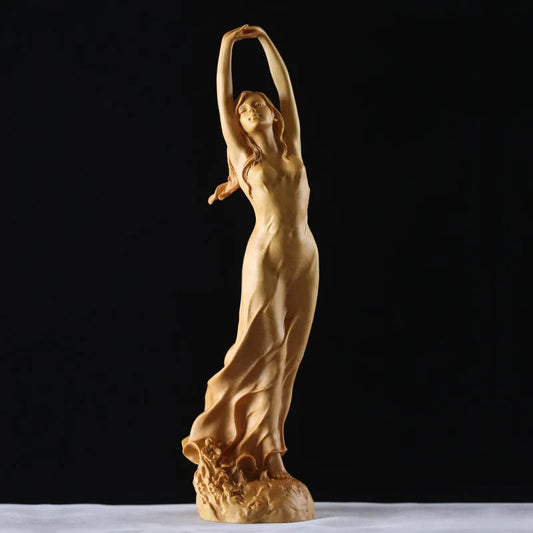 Enchanting Handcrafted Wooden Sculpture, Graceful Young Lady Statue, Unique Hand-Up Pose, Artistic Fairy Miniature Figurine
