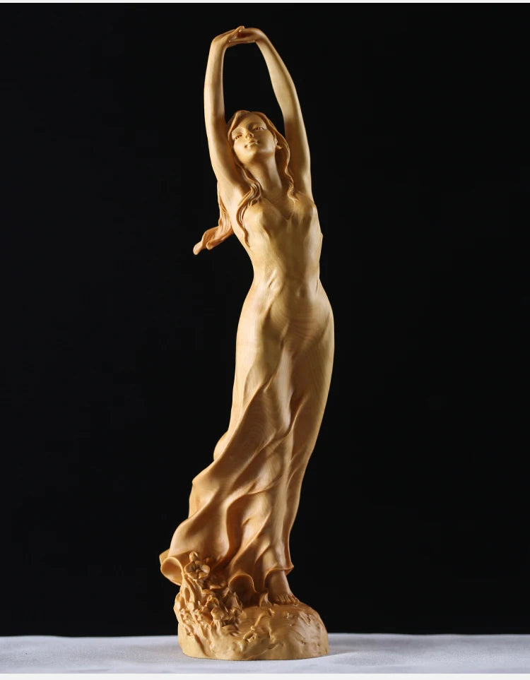 Enchanting Handcrafted Wooden Sculpture, Graceful Young Lady Statue, Unique Hand-Up Pose, Artistic Fairy Miniature Figurine