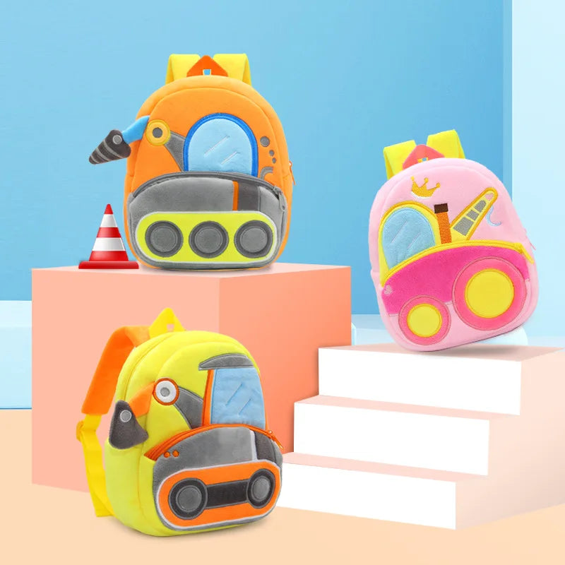 Engineering Vehicle Kindergarten Students Backpack for Boys Soft Plush Children School Bags Cartoon Trucks Kids School Backpacks
