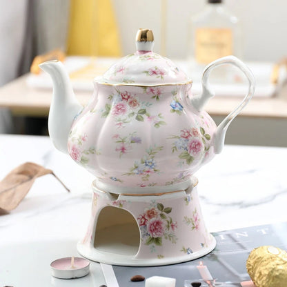 English British Fine China Teapot 400ML With Heating Base High-Grade Porcelain Tea Warmer Teapot Set Ceramic Holding Furnace