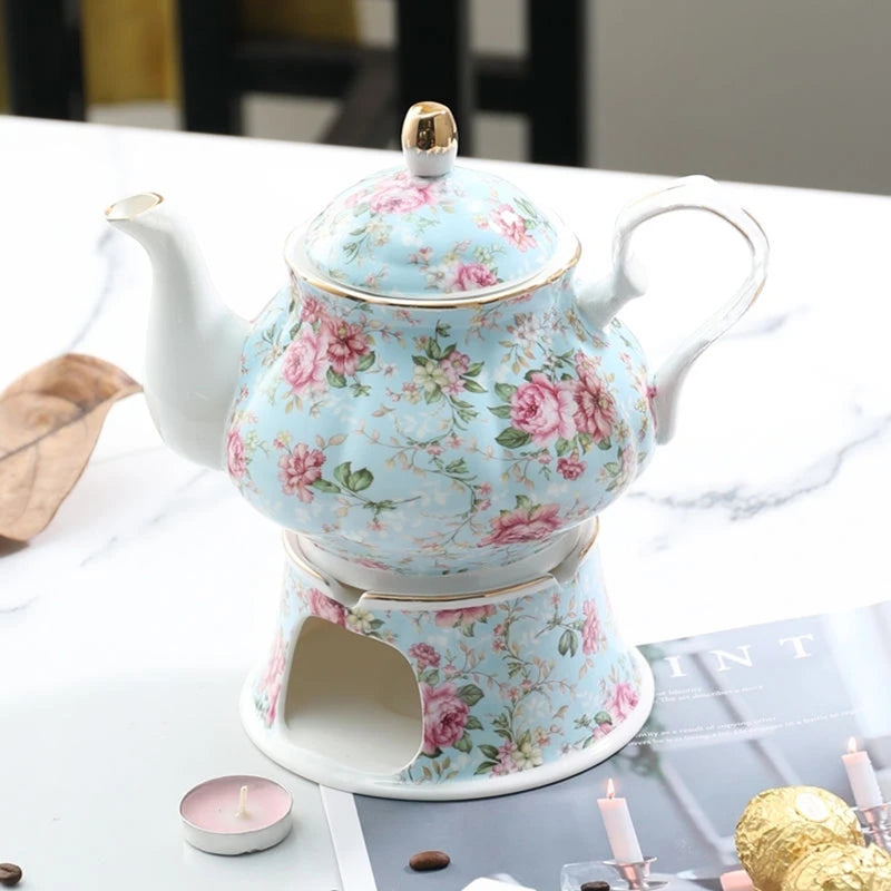 English British Fine China Teapot 400ML With Heating Base High-Grade Porcelain Tea Warmer Teapot Set Ceramic Holding Furnace