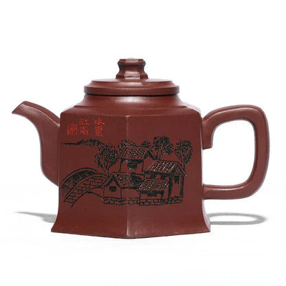 Engraved 6-Party Admiral Pot Zisha Teapot, Yixing Handmade Pot, Kung-Fu Teaware, Purple Clay Drinkware for Puer Green and Black