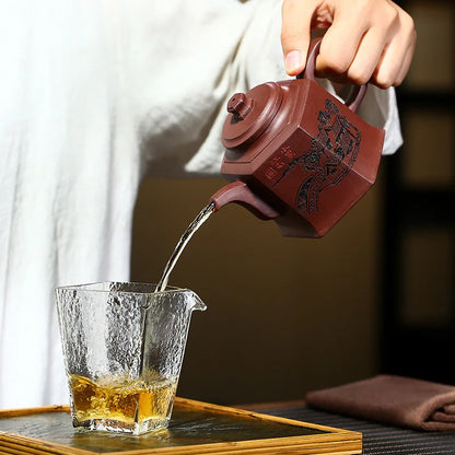 Engraved 6-Party Admiral Pot Zisha Teapot, Yixing Handmade Pot, Kung-Fu Teaware, Purple Clay Drinkware for Puer Green and Black
