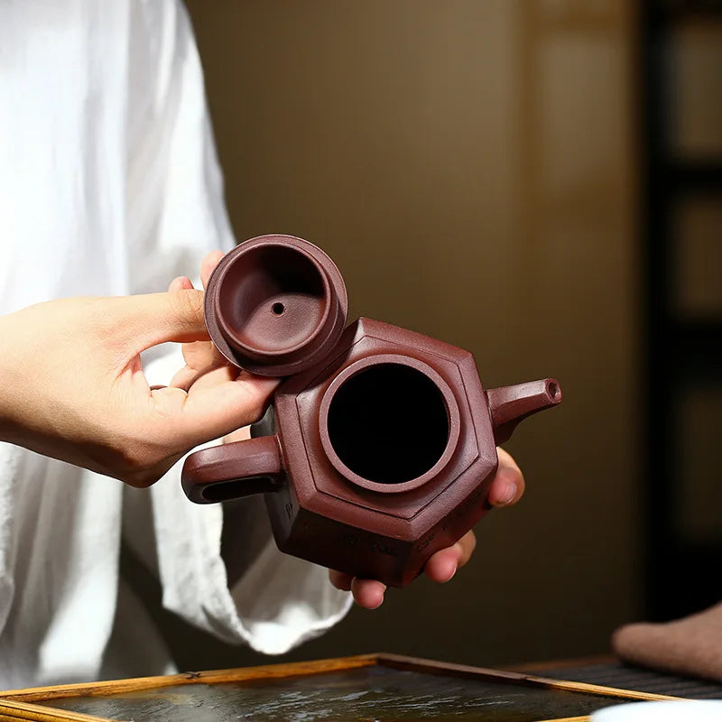 Engraved 6-Party Admiral Pot Zisha Teapot, Yixing Handmade Pot, Kung-Fu Teaware, Purple Clay Drinkware for Puer Green and Black
