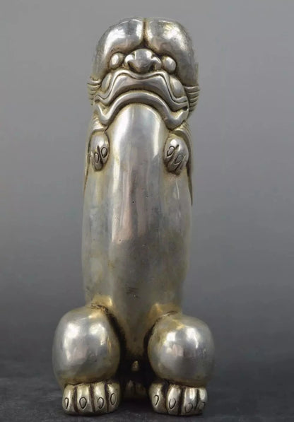Envío Gratis plata del Tíbet o China guardián tallado Foo perros estatuas de León de los órganos genitales estatua de cabeza de