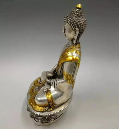 Estatua de Buda de cobre blanco, medicina artesanal, coleccionable 21cm