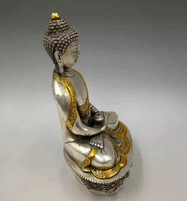 Estatua de Buda de cobre blanco, medicina artesanal, coleccionable 21cm