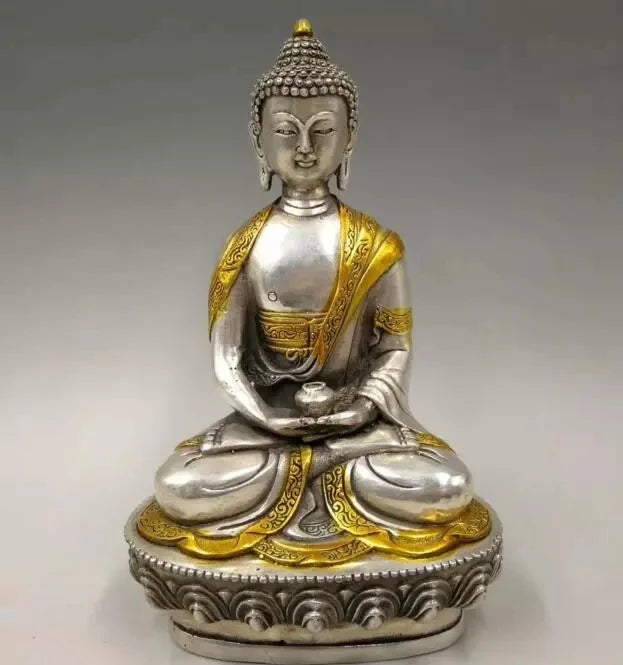 Estatua de Buda de cobre blanco, medicina artesanal, coleccionable 21cm