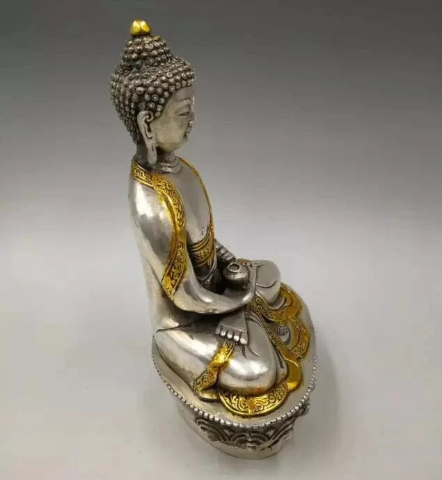 Estatua de Buda de cobre blanco, medicina artesanal, coleccionable 21cm