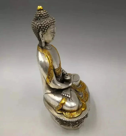 Estatua de Buda de cobre blanco, medicina artesanal, coleccionable 21cm