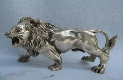 Estatua de León para hombre, animal felino de cobre blanco plateado, refinado, folclórico, China