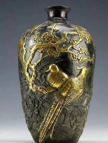 Estatua de bronce de colección Vintage china, jarrón con estampado de pájaros, flores chapadas en oro, 20cm