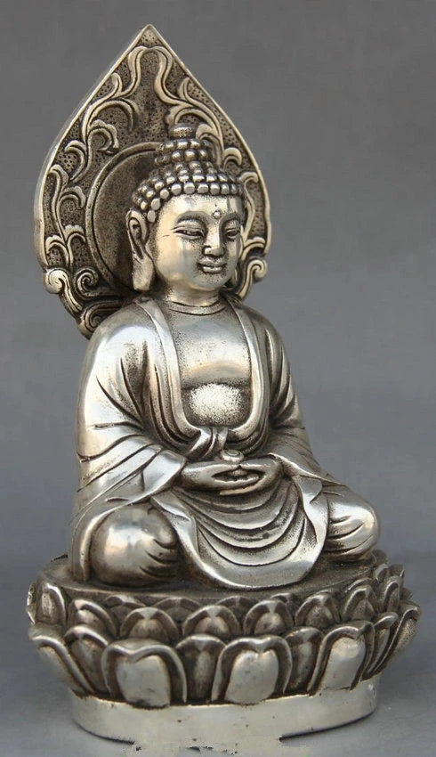 Estatua tibetana de plata de Shakyamuni, asiento de Buda de Amitabha, artesanía de metal para Decoración