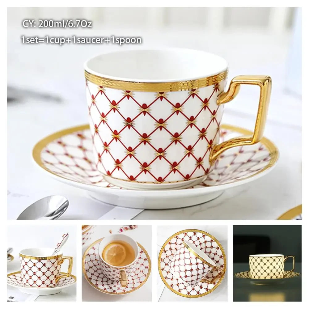 Europe Noble Bone China Coffee Cup Saucer Spoon Set 200ml Luxury Ceramic Mug Top-grade Porcelain Tea Cup Cafe Party Drinkware