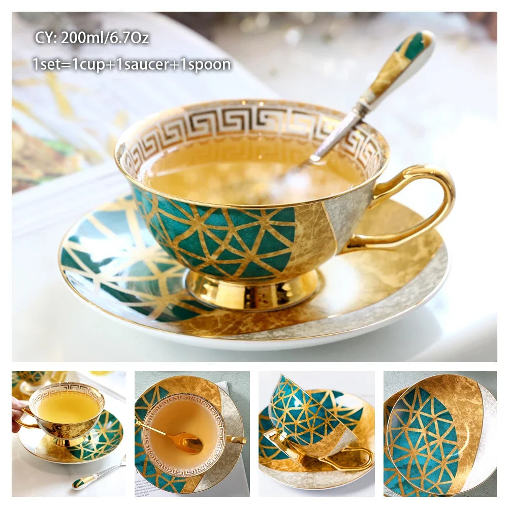 Europe Noble Bone China Coffee Cup Saucer Spoon Set 200ml Luxury Ceramic Mug Top-grade Porcelain Tea Cup Cafe Party Drinkware