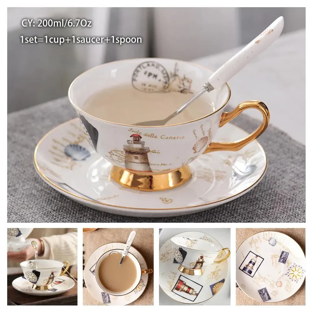 Europe Noble Bone China Coffee Cup Saucer Spoon Set 200ml Luxury Ceramic Mug Top-grade Porcelain Tea Cup Cafe Party Drinkware