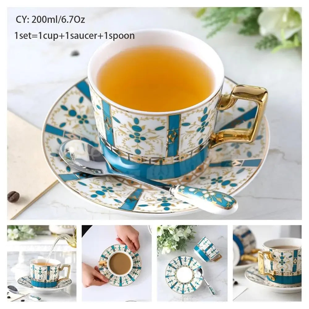 Europe Noble Bone China Coffee Cup Saucer Spoon Set 200ml Luxury Ceramic Mug Top-grade Porcelain Tea Cup Cafe Party Drinkware