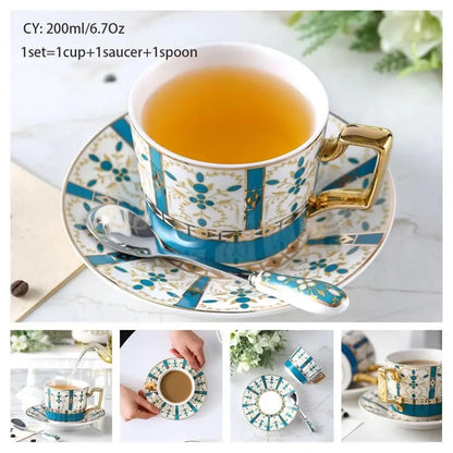 Europe Noble Bone China Coffee Cup Saucer Spoon Set 200ml Luxury Ceramic Mug Top-grade Porcelain Tea Cup Cafe Party Drinkware