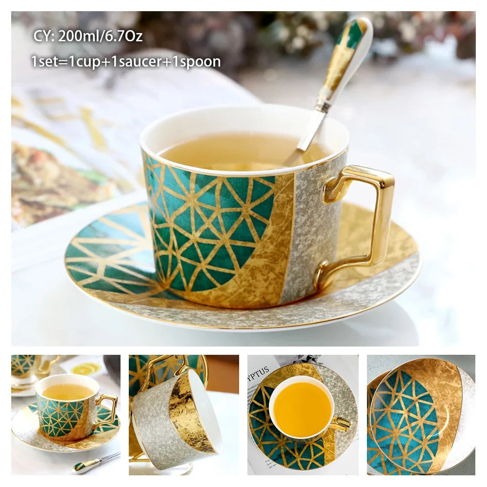 Europe Noble Bone China Coffee Cup Saucer Spoon Set 200ml Luxury Ceramic Mug Top-grade Porcelain Tea Cup Cafe Party Drinkware