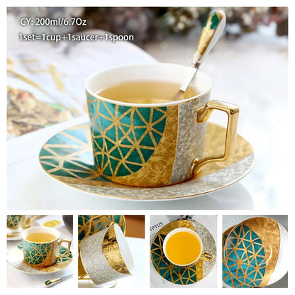 Europe Noble Bone China Coffee Cup Saucer Spoon Set 200ml Luxury Ceramic Mug Top-grade Porcelain Tea Cup Cafe Party Drinkware