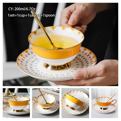 Europe Noble Bone China Coffee Cup Saucer Spoon Set 200ml Luxury Ceramic Mug Top-grade Porcelain Tea Cup Cafe Party Drinkware