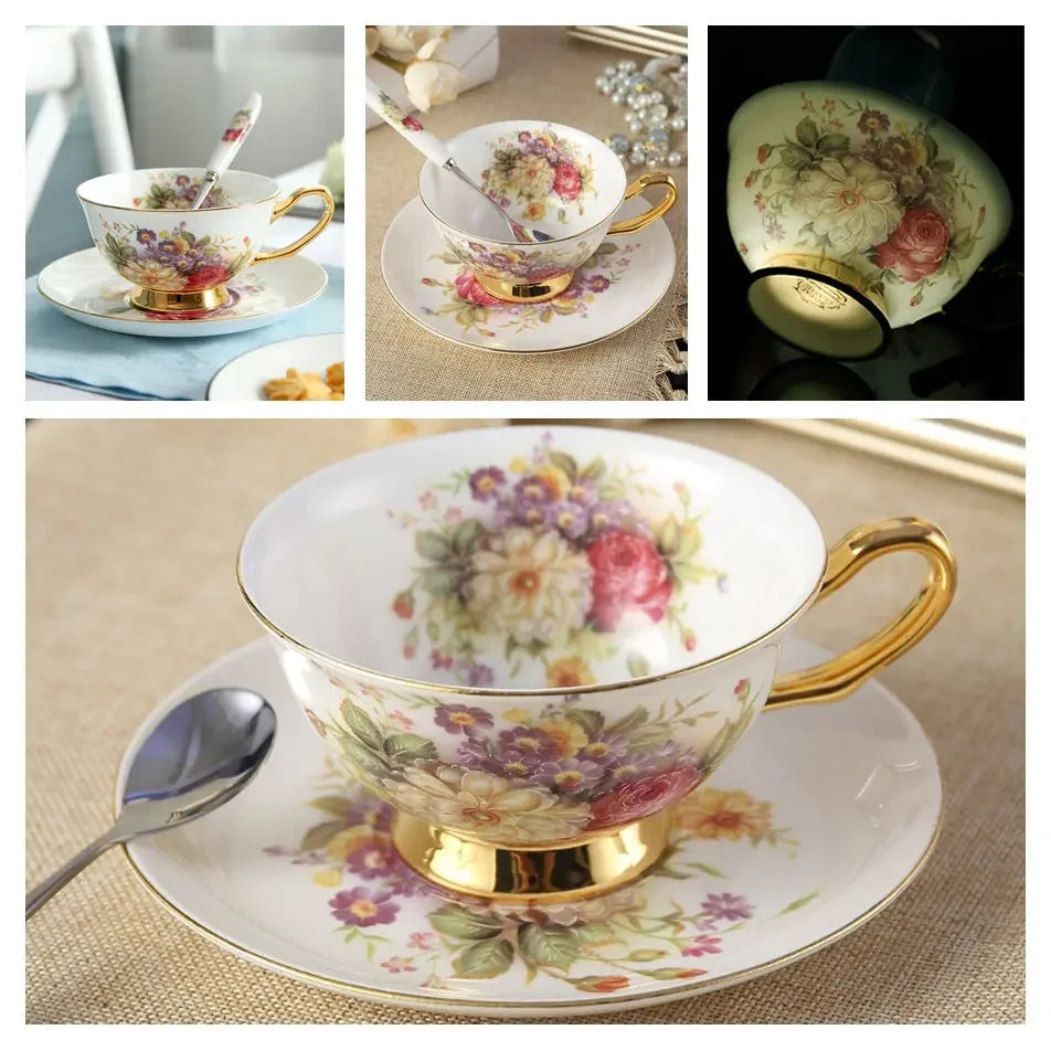 Europe Noble Bone China Coffee Cup Saucer Spoon Set 200ml Luxury Ceramic Mug Top-grade Porcelain Tea Cup Cafe Party Drinkware