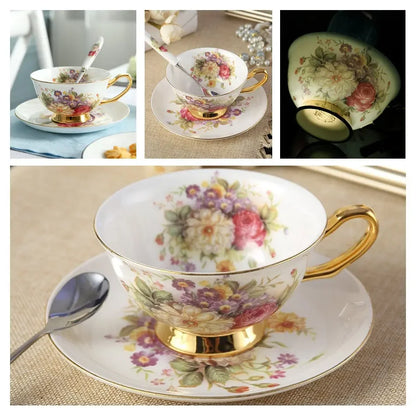 Europe Noble Bone China Coffee Cup Saucer Spoon Set 200ml Luxury Ceramic Mug Top-grade Porcelain Tea Cup Cafe Party Drinkware