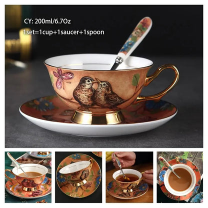 Europe Noble Bone China Coffee Cup Saucer Spoon Set 200ml Luxury Ceramic Mug Top-grade Porcelain Tea Cup Cafe Party Drinkware