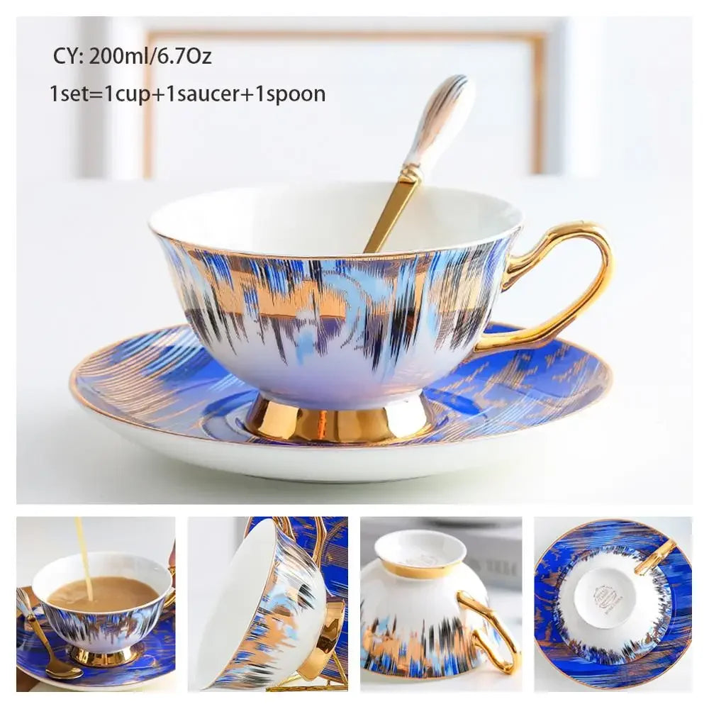 Europe Noble Bone China Coffee Cup Saucer Spoon Set 200ml Luxury Ceramic Mug Top-grade Porcelain Tea Cup Cafe Party Drinkware