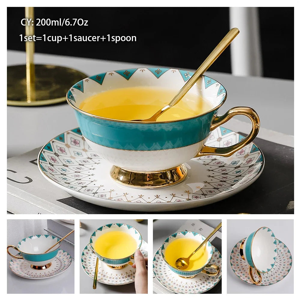 Europe Noble Bone China Coffee Cup Saucer Spoon Set 200ml Luxury Ceramic Mug Top-grade Porcelain Tea Cup Cafe Party Drinkware