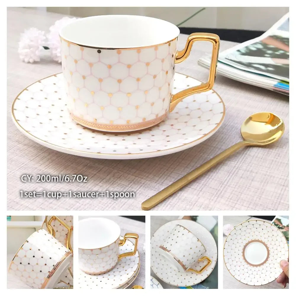 Europe Noble Bone China Coffee Cup Saucer Spoon Set 200ml Luxury Ceramic Mug Top-grade Porcelain Tea Cup Cafe Party Drinkware