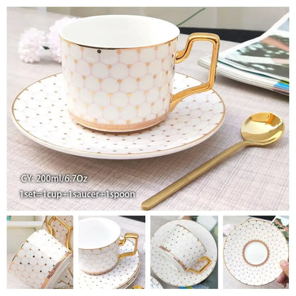 Europe Noble Bone China Coffee Cup Saucer Spoon Set 200ml Luxury Ceramic Mug Top-grade Porcelain Tea Cup Cafe Party Drinkware