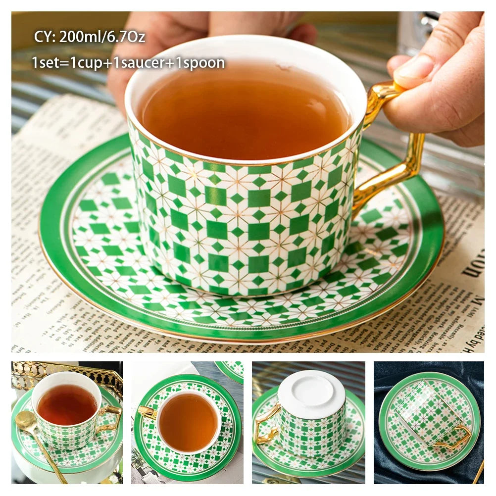 Europe Noble Bone China Coffee Cup Saucer Spoon Set 200ml Luxury Ceramic Mug Top-grade Porcelain Tea Cup Cafe Party Drinkware