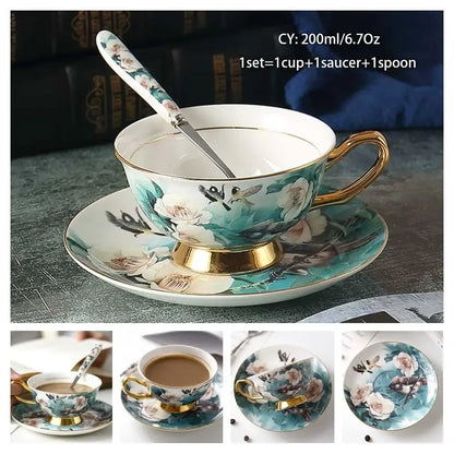 Europe Noble Bone China Coffee Cup Saucer Spoon Set 200ml Luxury Ceramic Mug Top-grade Porcelain Tea Cup Cafe Party Drinkware