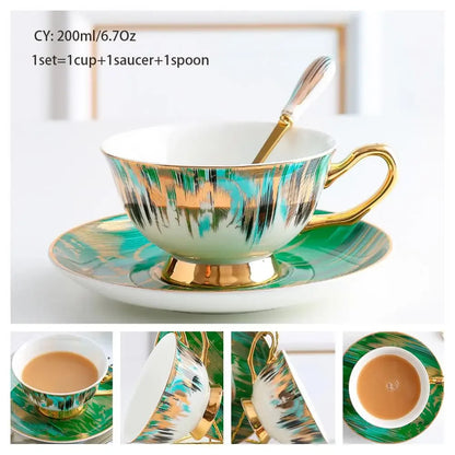 Europe Noble Bone China Coffee Cup Saucer Spoon Set 200ml Luxury Ceramic Mug Top-grade Porcelain Tea Cup Cafe Party Drinkware