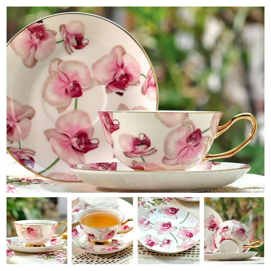 Europe Noble Bone China Coffee Cup Saucer Spoon Set 200ml Luxury Ceramic Mug Top-grade Porcelain Tea Cup Cafe Party Drinkware