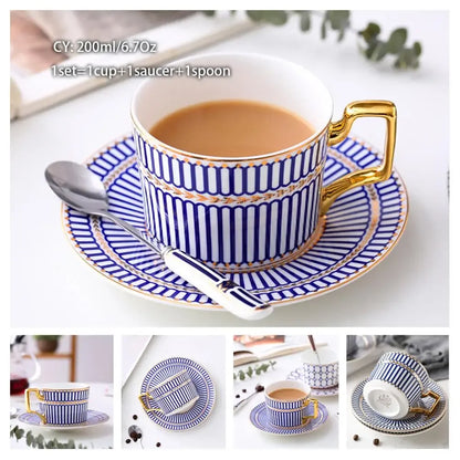 Europe Noble Bone China Coffee Cup Saucer Spoon Set 200ml Luxury Ceramic Mug Top-grade Porcelain Tea Cup Cafe Party Drinkware