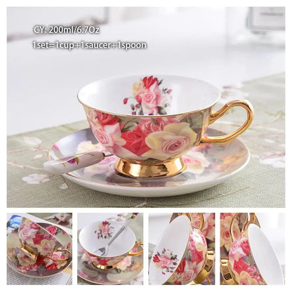 Europe Noble Bone China Coffee Cup Saucer Spoon Set 200ml Luxury Ceramic Mug Top-grade Porcelain Tea Cup Cafe Party Drinkware
