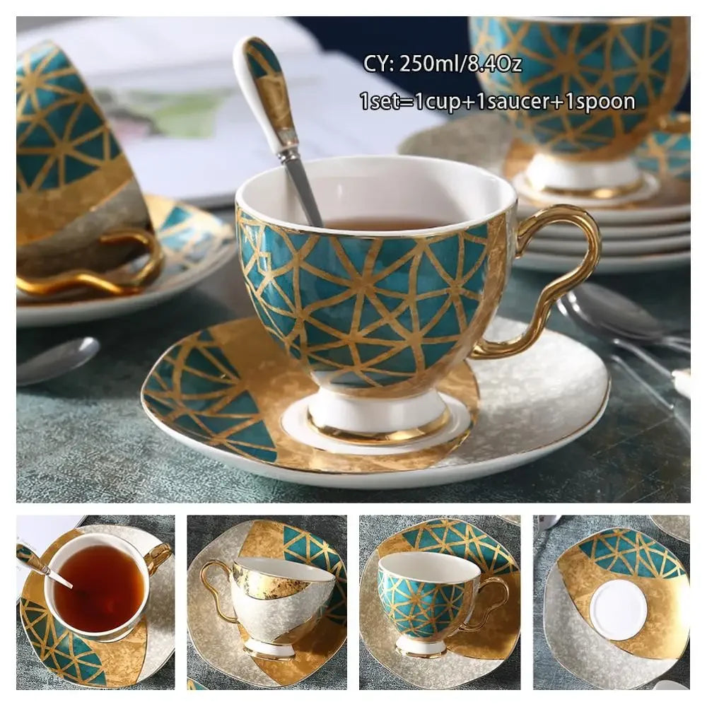 Europe Noble Bone China Coffee Cup Saucer Spoon Set 200ml Luxury Ceramic Mug Top-grade Porcelain Tea Cup Cafe Party Drinkware
