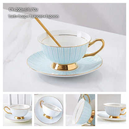 Europe Noble Bone China Coffee Cup Saucer Spoon Set 200ml Luxury Ceramic Mug Top-grade Porcelain Tea Cup Cafe Party Drinkware