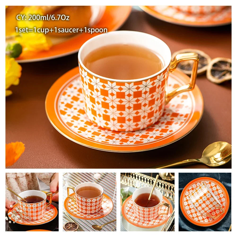 Europe Noble Bone China Coffee Cup Saucer Spoon Set 200ml Luxury Ceramic Mug Top-grade Porcelain Tea Cup Cafe Party Drinkware