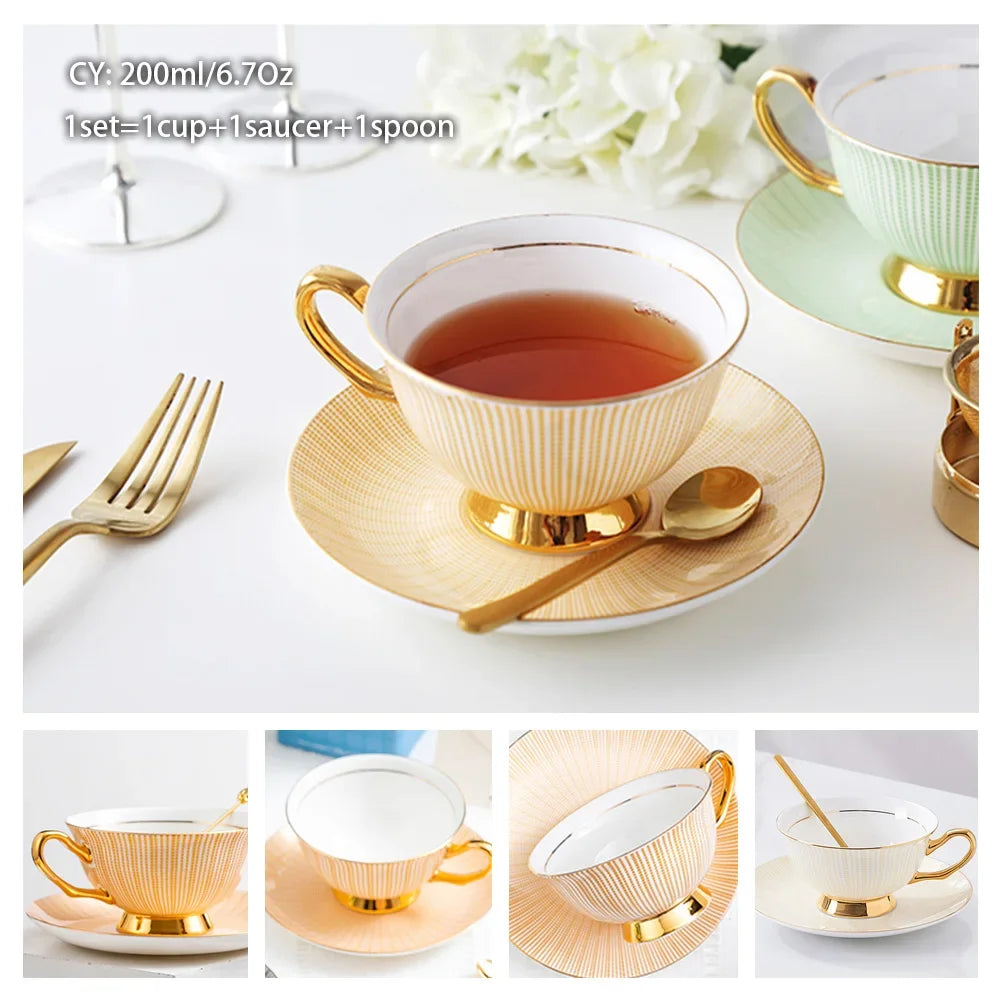 Europe Noble Bone China Coffee Cup Saucer Spoon Set 200ml Luxury Ceramic Mug Top-grade Porcelain Tea Cup Cafe Party Drinkware