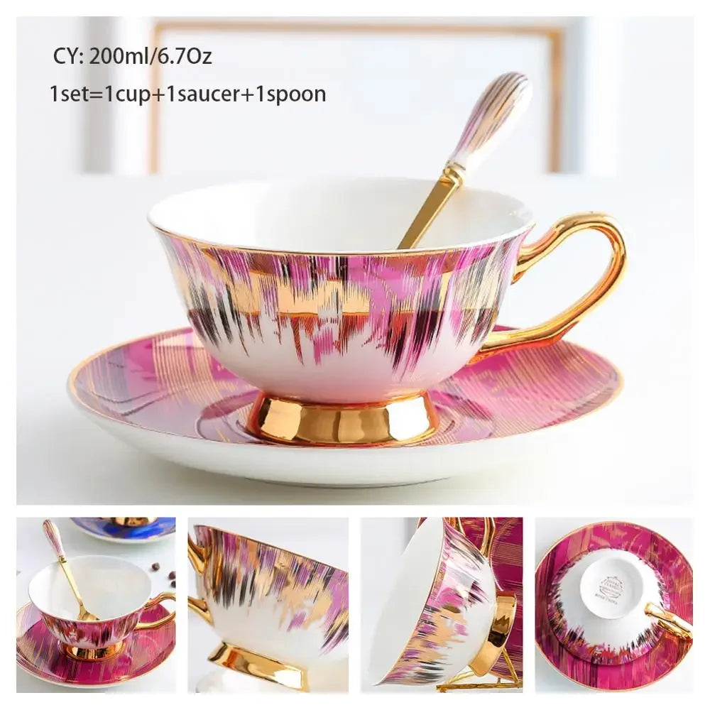 Europe Noble Bone China Coffee Cup Saucer Spoon Set 200ml Luxury Ceramic Mug Top-grade Porcelain Tea Cup Cafe Party Drinkware