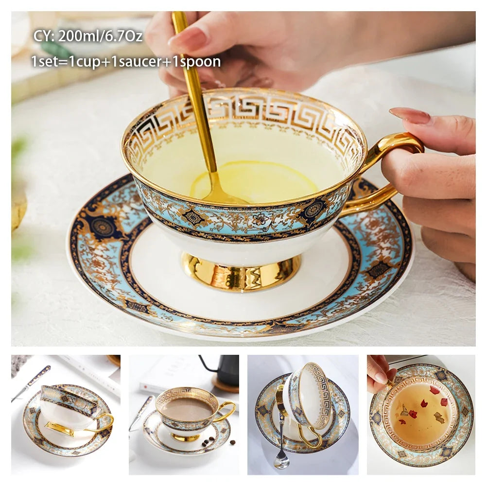 Europe Noble Bone China Coffee Cup Saucer Spoon Set 200ml Luxury Ceramic Mug Top-grade Porcelain Tea Cup Cafe Party Drinkware