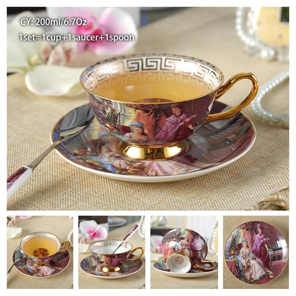 Europe Noble Bone China Coffee Cup Saucer Spoon Set 200ml Luxury Ceramic Mug Top-grade Porcelain Tea Cup Cafe Party Drinkware