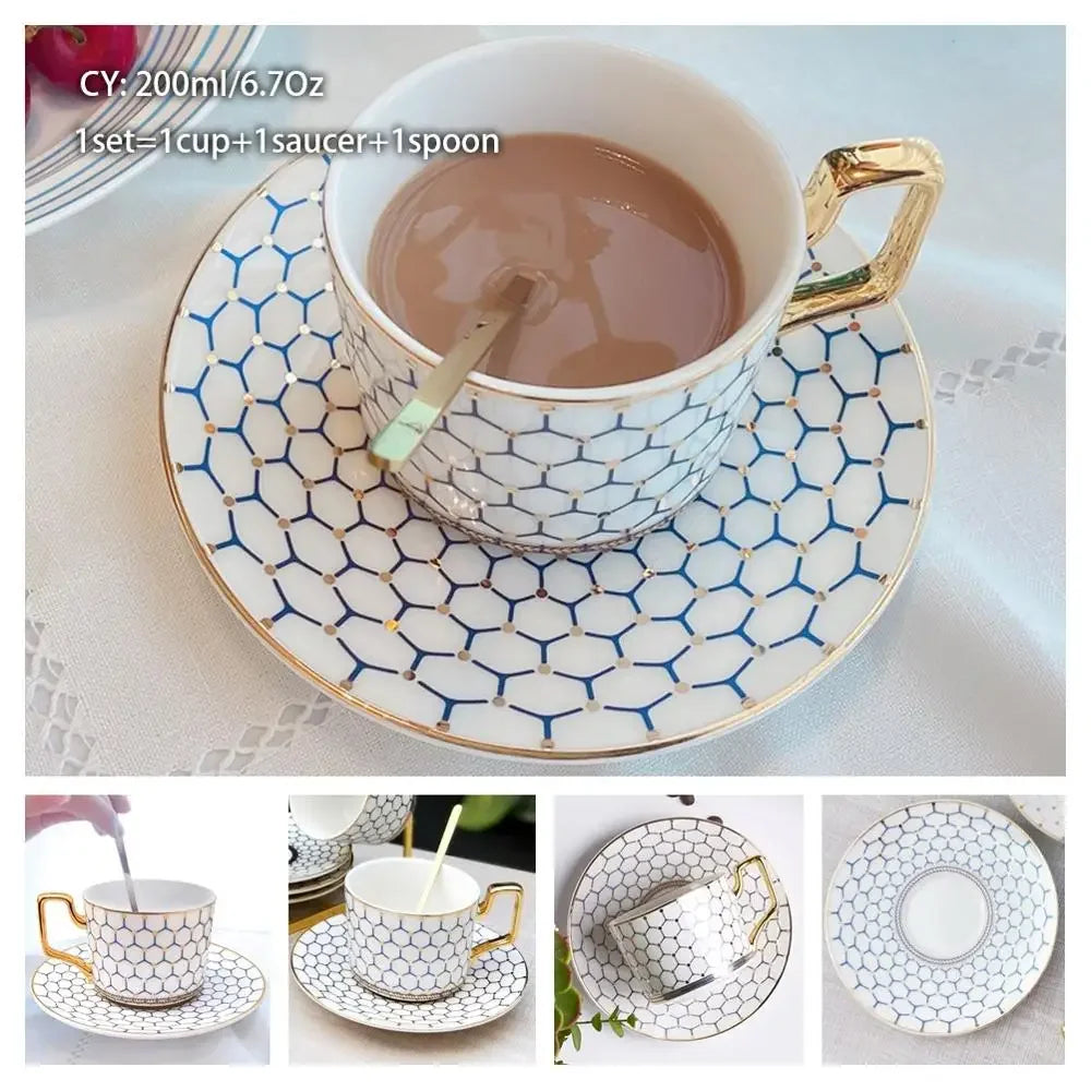 Europe Noble Bone China Coffee Cup Saucer Spoon Set 200ml Luxury Ceramic Mug Top-grade Porcelain Tea Cup Cafe Party Drinkware