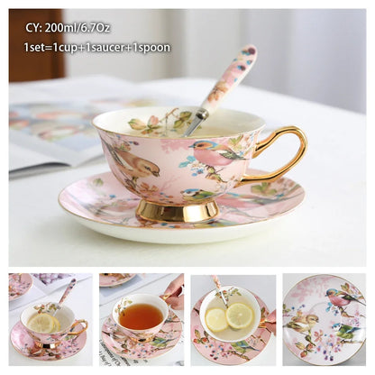 Europe Noble Bone China Coffee Cup Saucer Spoon Set 200ml Luxury Ceramic Mug Top-grade Porcelain Tea Cup Cafe Party Drinkware