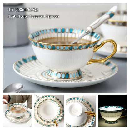 Europe Noble Bone China Coffee Cup Saucer Spoon Set 200ml Luxury Ceramic Mug Top-grade Porcelain Tea Cup Cafe Party Drinkware