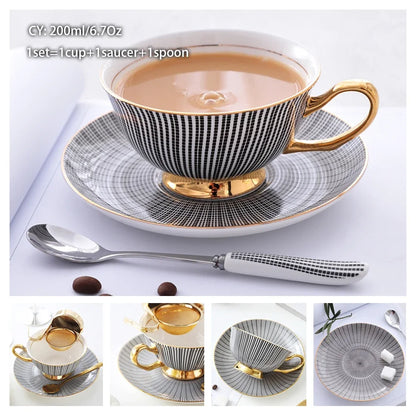 Europe Noble Bone China Coffee Cup Saucer Spoon Set 200ml Luxury Ceramic Mug Top-grade Porcelain Tea Cup Cafe Party Drinkware